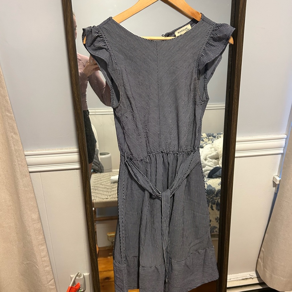 Striped Navy Tie-Waist Flutter Sleeve Dress- great work dress!